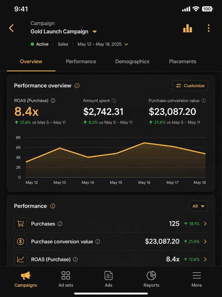Ads manager report showing 8.4x return on ad spend